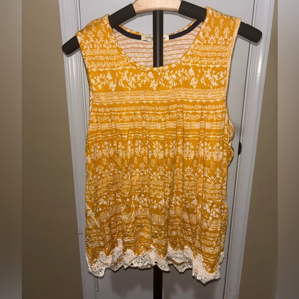 Plus Size Rewind Mustard Floral Lace-Trim Blouse
